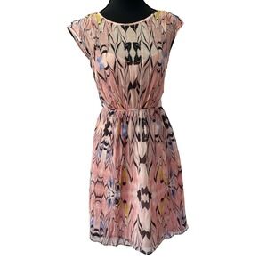 J.Crew Silk Marbled Print Dress Women 00 Pink Cap Sleeve Fit & Flare Pocket Side